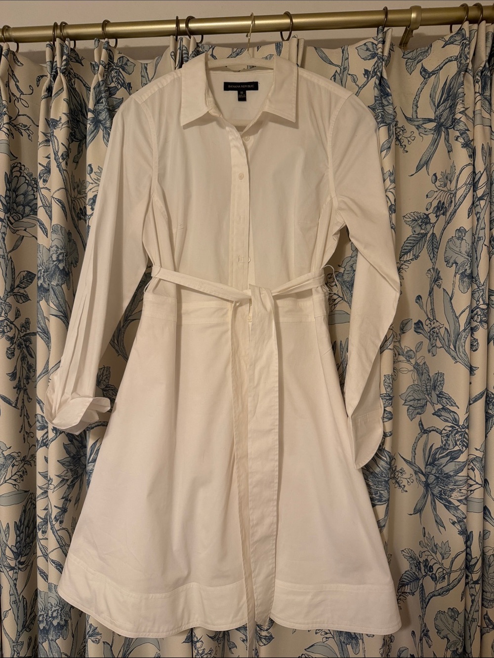 Banana Republic White Long-Sleeve Shirt Dress with Waist Tie